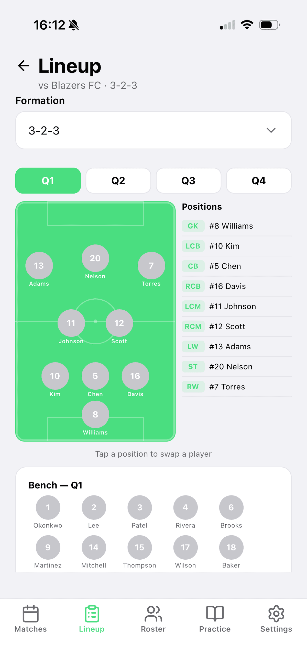 Lineup builder with players positioned on a visual pitch and the bench listed below