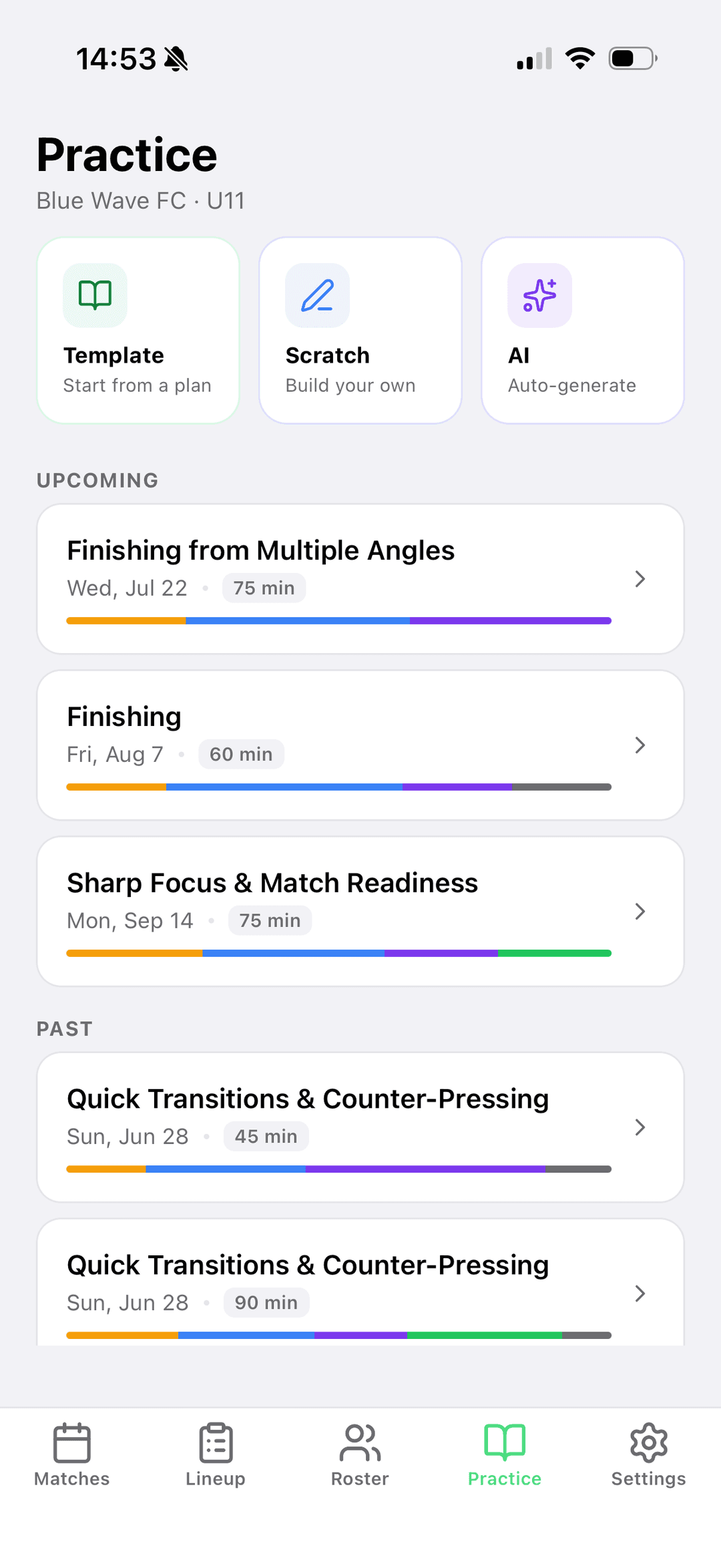 Practice planner home screen showing upcoming sessions