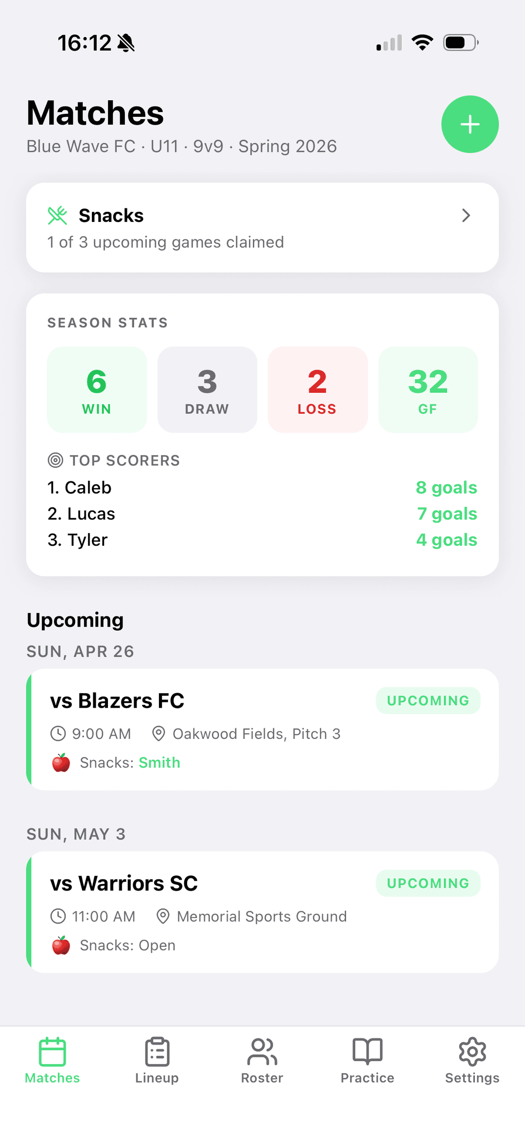 Match schedule screen showing upcoming games and season stats