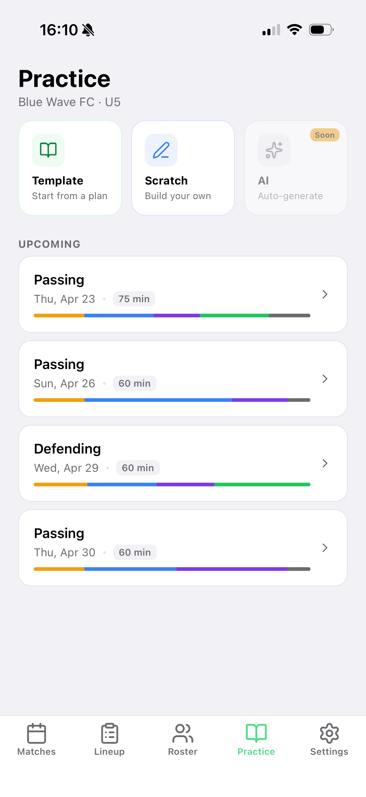 Practice planner home screen showing upcoming sessions with phase breakdown bars