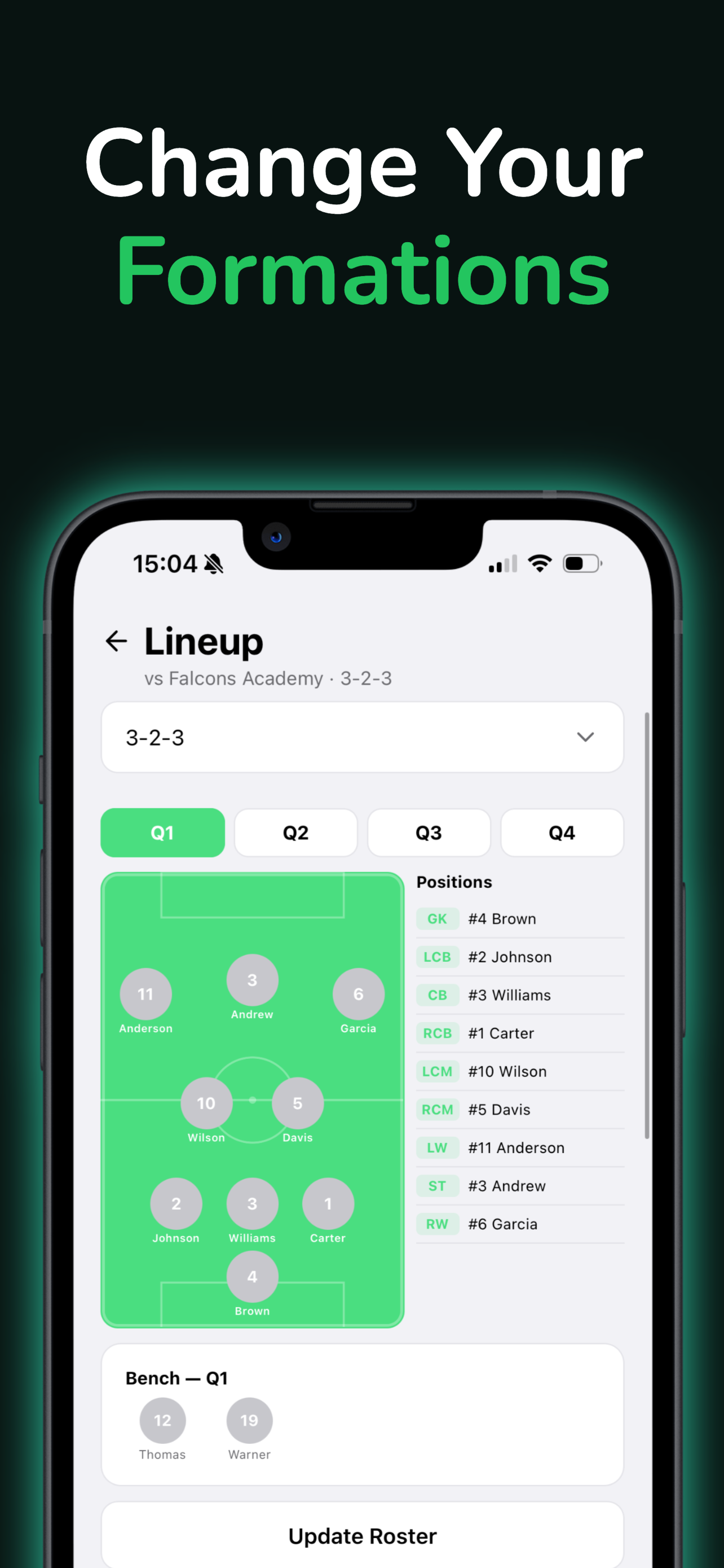 Formation selection screen showing multiple soccer formations to choose from