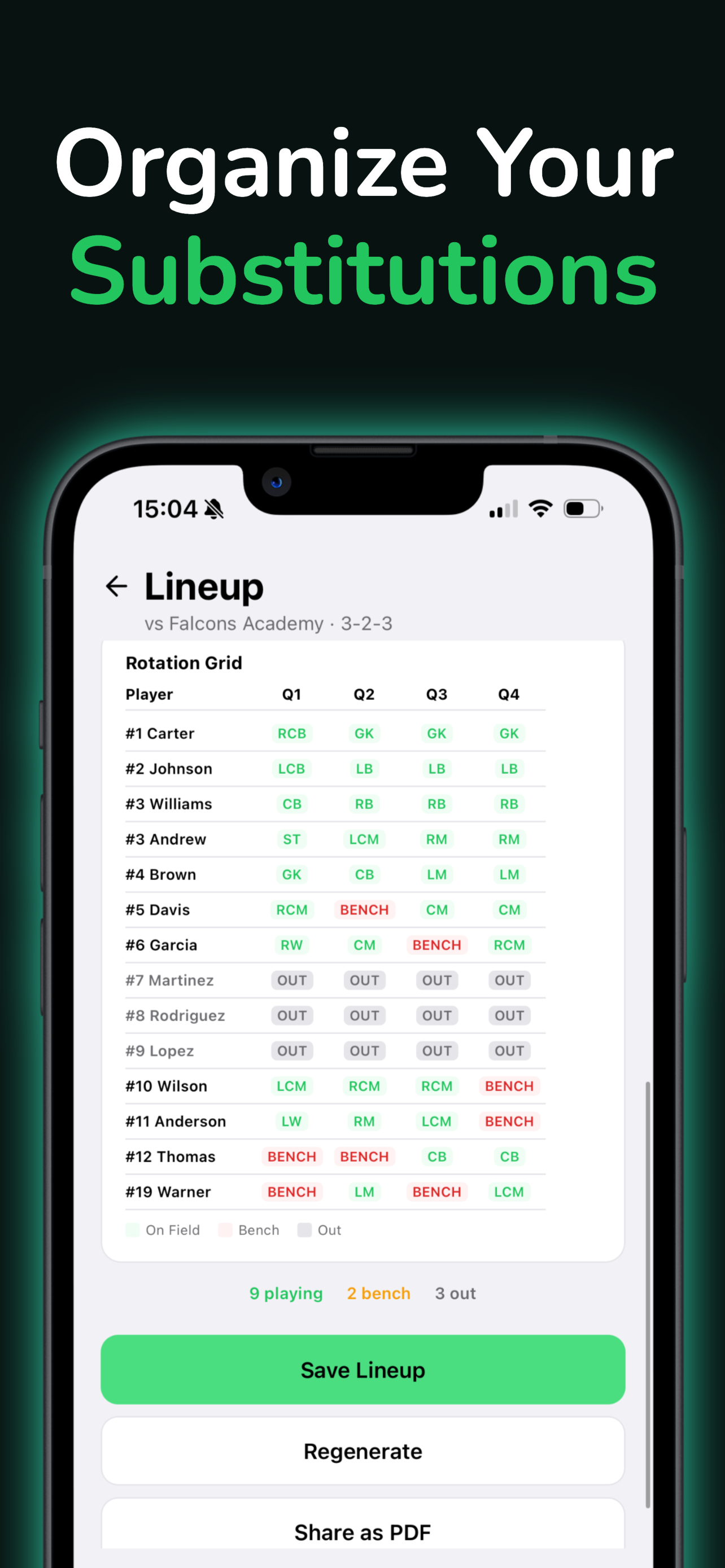 Substitution planning screen showing which players come on and off each half